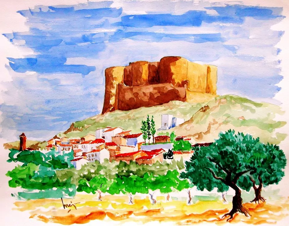 Castillo De Mesones De Isuela (zaragoza España)acuarela Sobre Papel Papel 65x50cm