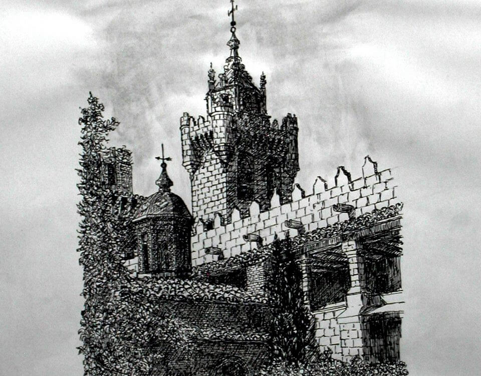 Torre de la iglesia del salvador de Ejea de Los Caballeros (cinco Villas, Zaragoza) Tinta Sobre Papel42x29,5cm